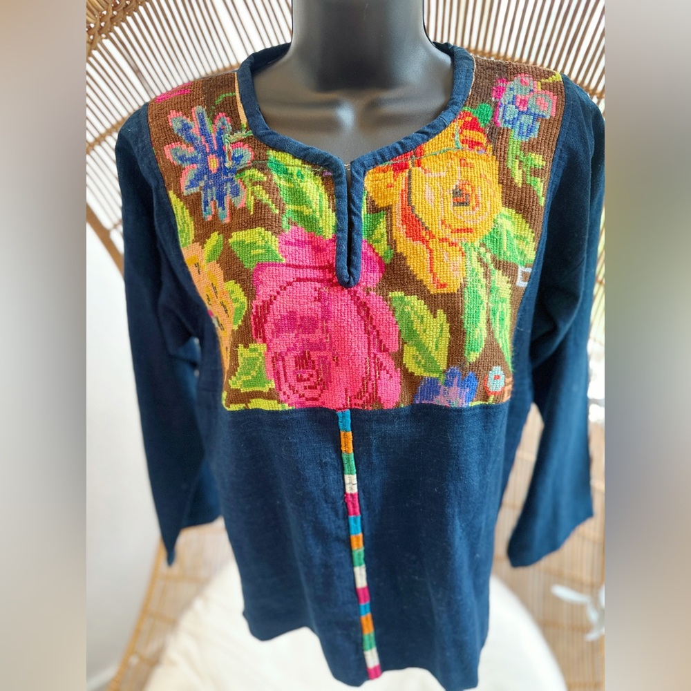 Vintage 60s 70s Hippie Top Guatemalan Indigo Floral Cotton Embroidered Top Shirt